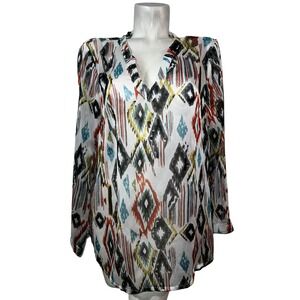 BLUE Saks Fifth Avenue Womens XL Ikat Diamond Print V-Neck Long Sleeve Blouse